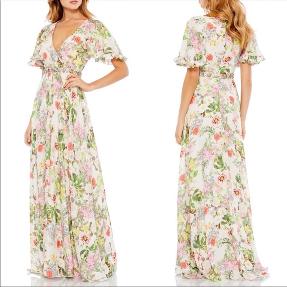 Mac Duggal Floral Print Flutter Sleeve Gown - Picture 1 of 11